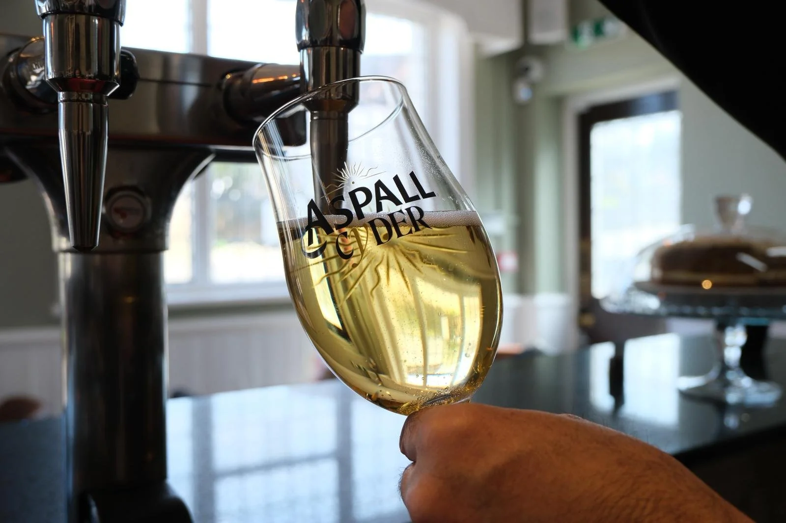 A glass of beer under a tap, labeled 'Aspall Cider,' held by a person's hand inside a cafe or bar with a window in the background.