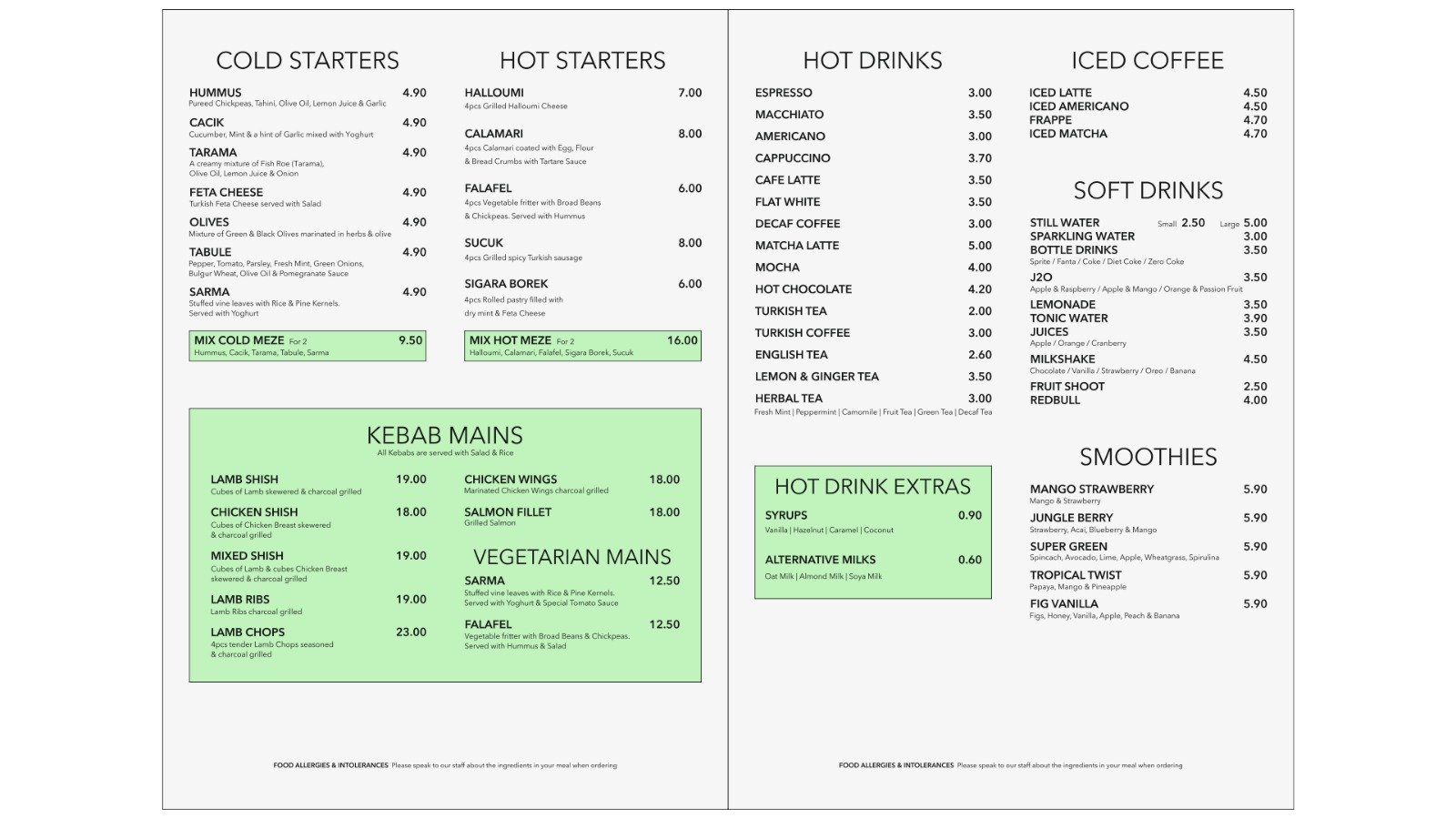Restaurant menu listing cold starters, hot starters, hot drinks, iced coffee, soft drinks, smoothies, and kebab and vegetarian mains, with prices for each item.