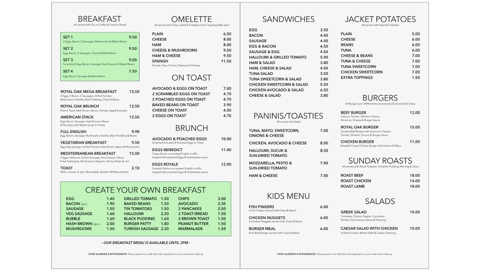 Menu with breakfast, omelette, sandwiches, jacket potatoes, burgers, brunch, paninis, toasties, kids menu, Sunday roasts, salads, and create your own breakfast options, with prices listed for each item.