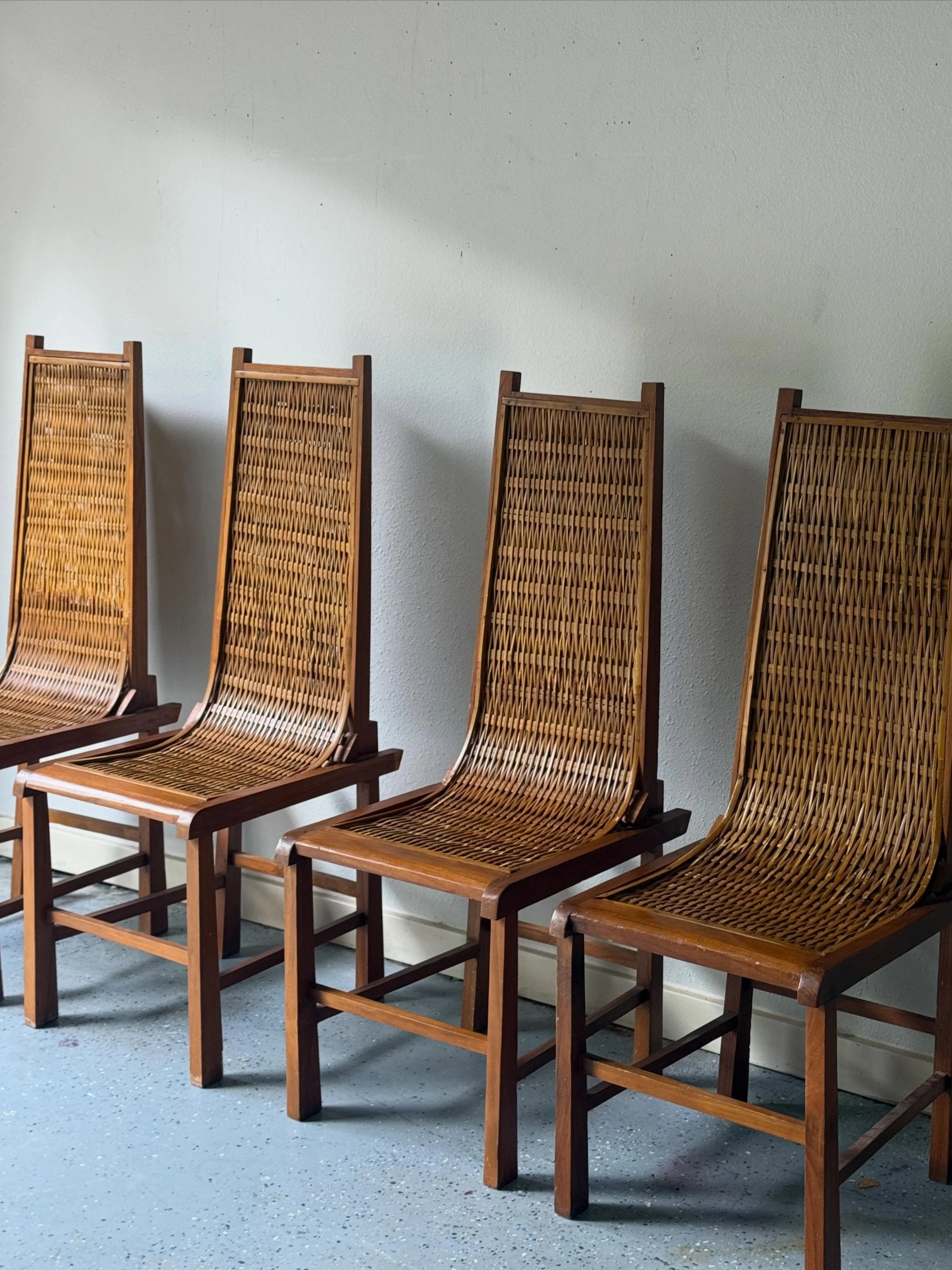 Available and uploaded to piecesofdixie.com

Vintage Japanese high back dining chairs with woven rattan seats and backs. A beautiful balance of structure and warmth. clean architectural lines softened by natural texture and handwoven detail.

The exa