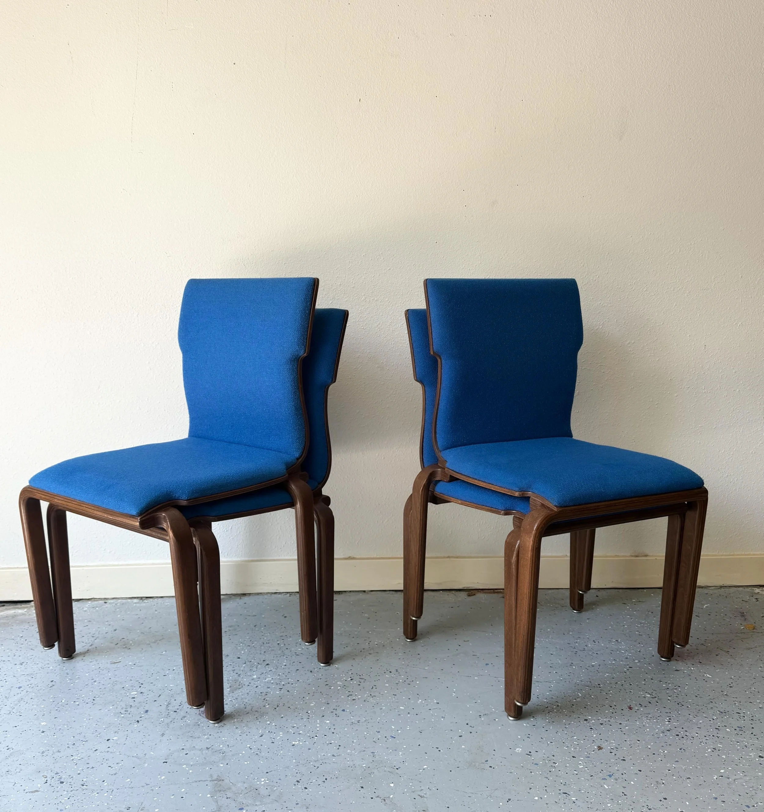 1960&rsquo;s Bill Stephens for Knoll Style bentwood interlocking and stackable chairs. Original Tweed upholstery in a Cobalt blue.

Check out details on piecesofdixie.com