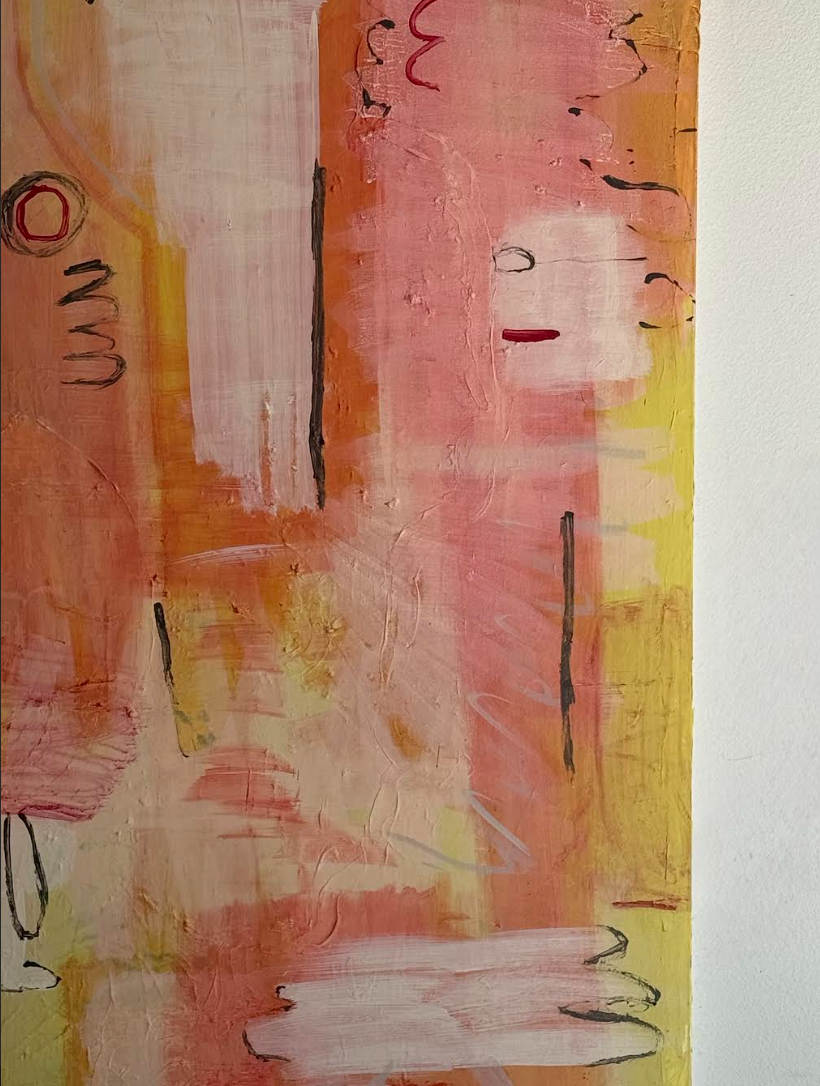 Abstract painting with shades of pink, orange, yellow, and white, featuring black and red lines and markings.