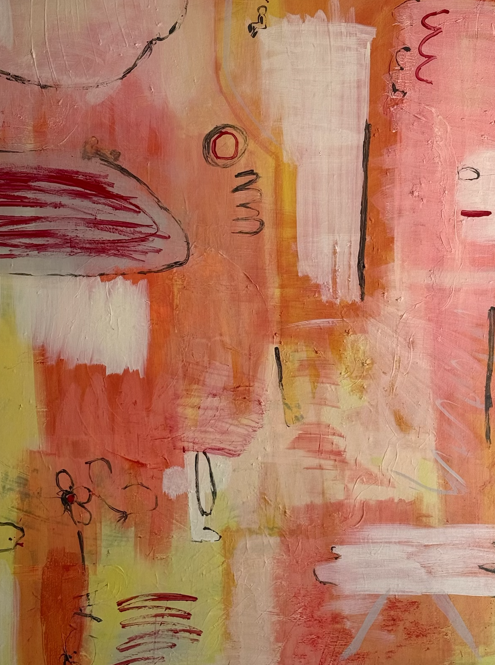 An abstract painting with warm colors like pink, orange, and yellow, featuring scattered black lines, shapes, and some red circular elements.