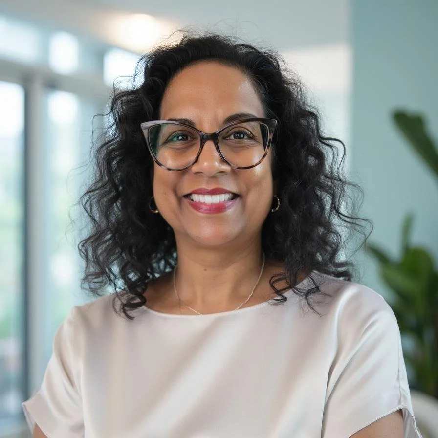 A woman with curly black hair and glasses smiling at the camera indoors with a blurred background of windows and green plants.