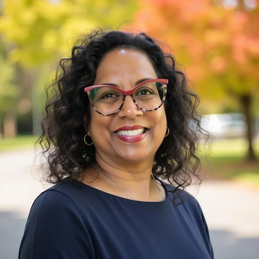 A woman with curly black hair and glasses, smiling outdoors with autumn trees in the background.