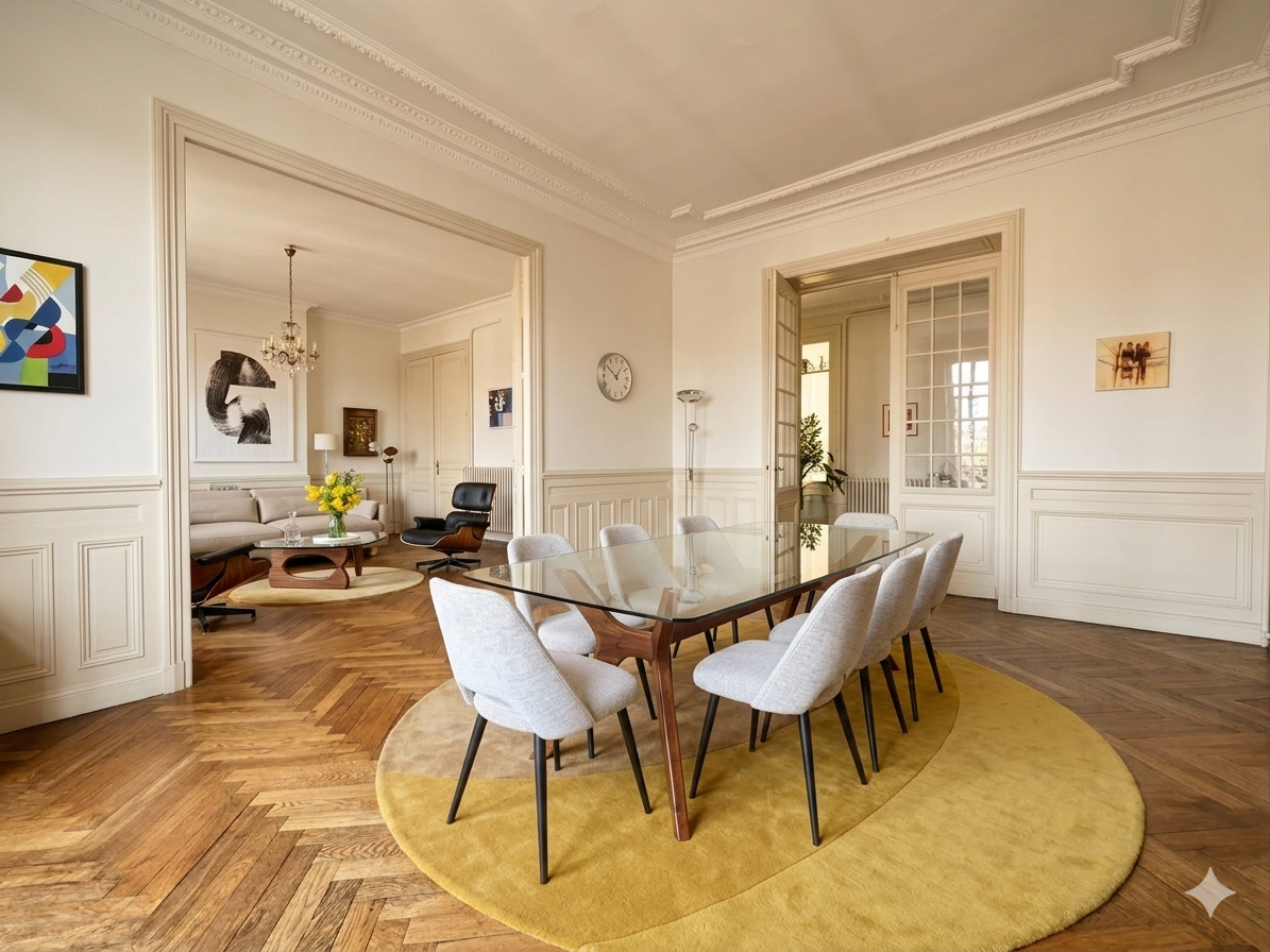 Salle à manger — en enfilade avec le salon, parquet massif et moulures
(projection d’aménagement, visuel non contractuel)
Illustration d’un espace de réception structuré et fluide entre les pièces.