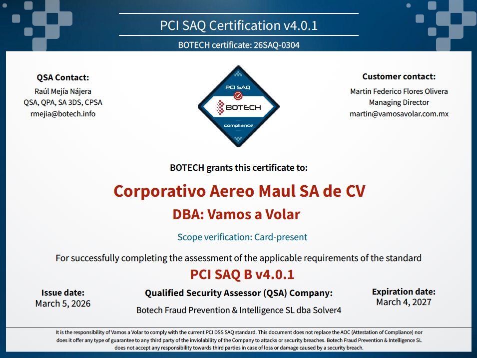 Certificado de cumplimiento PCI SAQ para la empresa Corporativo Aereo Maul SA de CV, otorgado por BOTECH, presentado en marzo de 2026, con la verificación de conformidad para una tarjeta presente, otorgado por Botech Fraud Prevention & Intelligence SL.