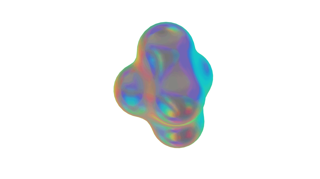 Colorful, iridescent 3D abstract shape resembling a blob or organic form on a white background.
