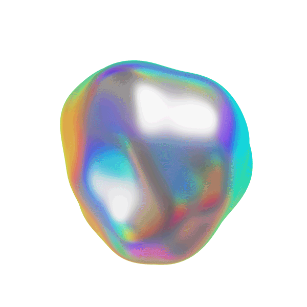 A colorful, iridescent, abstract shape resembling a metallic or glass orb on a purple background.