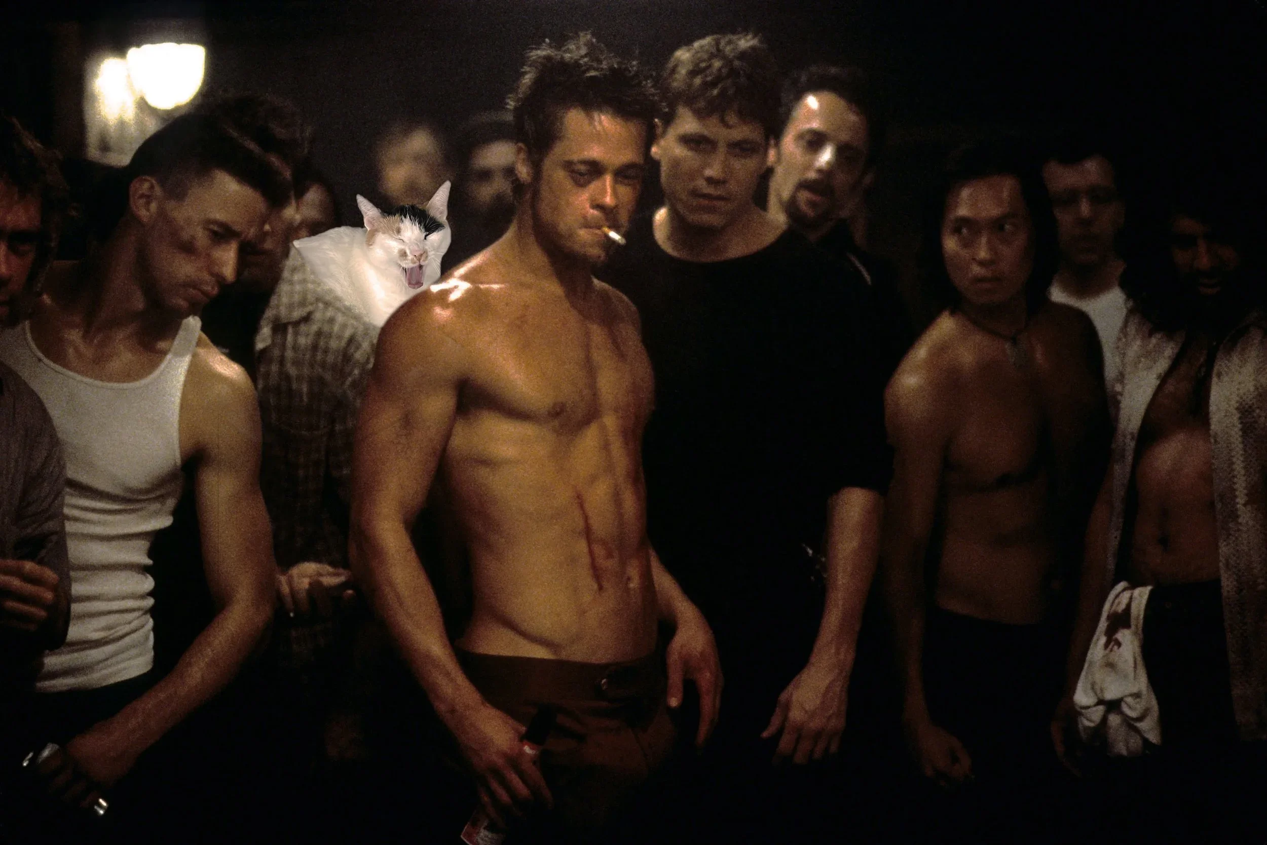 A group of diverse people standing closely together in a dimly lit setting, with one shirtless man smoking a cigarette and a cat with a yawning expression edited into the image.