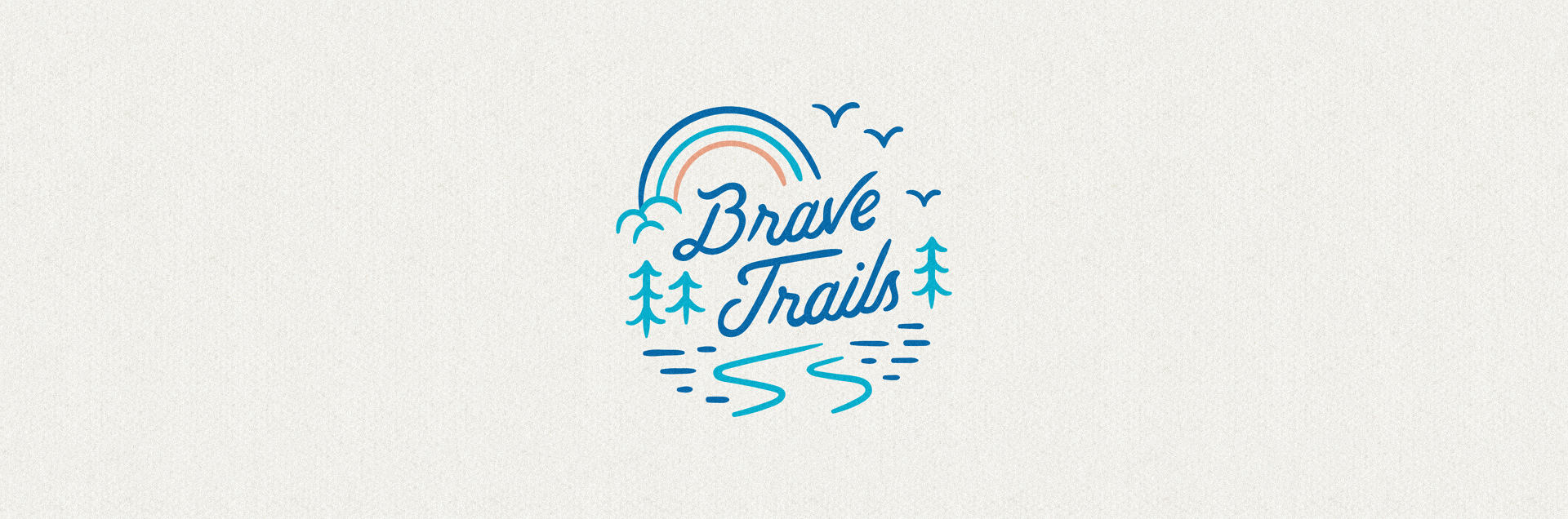 Logo for Brave Trails featuring a rainbow, trees, birds, and a winding path.