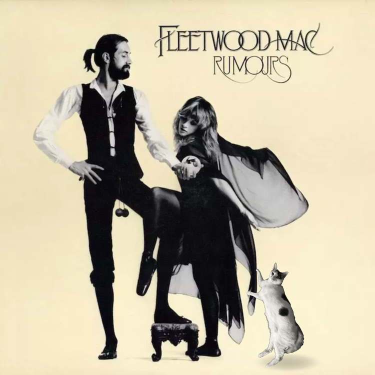 Album cover for Fleetwood Mac's Rumours featuring a man and woman holding hands, with a dog in the bottom right corner.