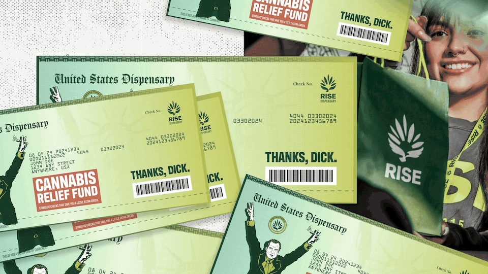 Multiple US dispensary checks with green backgrounds, one featuring the message "Thanks, Dick" and a cannabis leaf logo, others with similar text and a cartoon figure with a raised fist. A person holding a similar check and a green bag with the cannabis leaf logo.