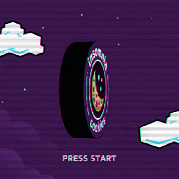 A pixel art style video game intro screen with a purple starry sky background, clouds, and a black circular logo with a smiling face, the words 'Happy Cloud Cookies' around it, and 'Press Start' text below.