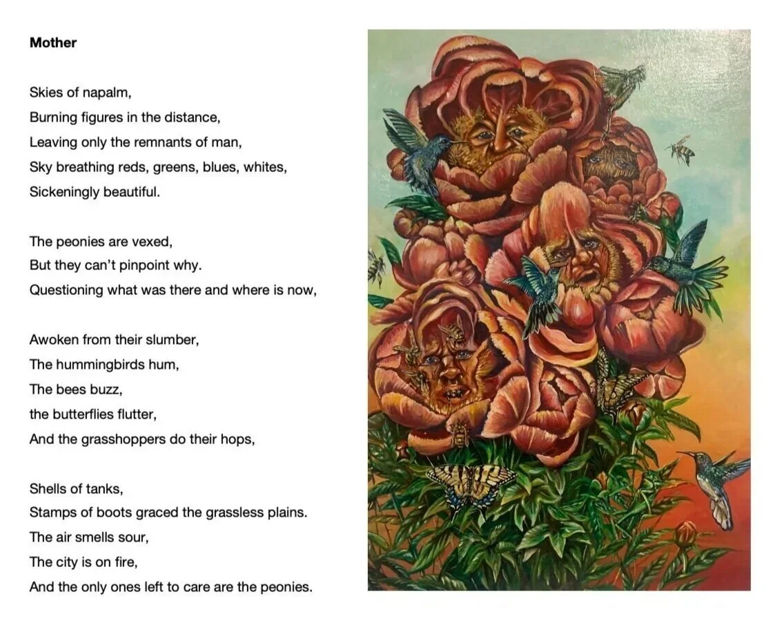 A colorful mural of a peony flower with human faces, surrounded by hummingbirds, butterflies, bees, and other insects.