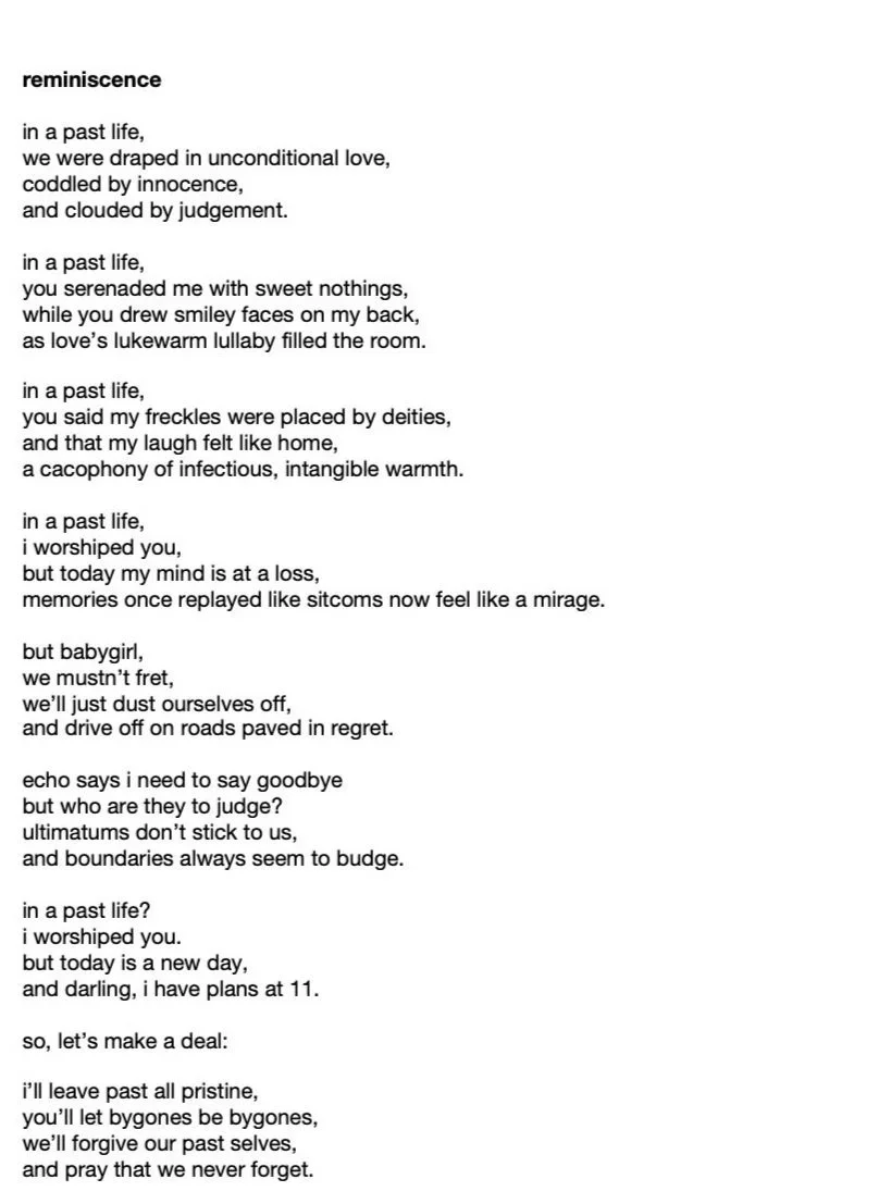 Poem titled 'Reminiscence' reflecting on past love, memories, and moving forward with forgiveness.