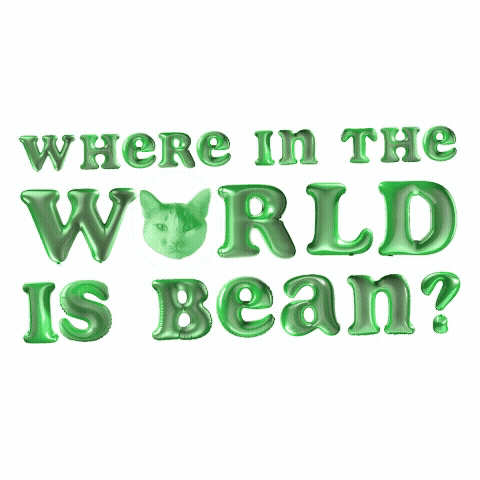 Green gradient background with text 'Where in the world is Bean?' and a cat's face partially inside the letter 'O' in the word 'World'.