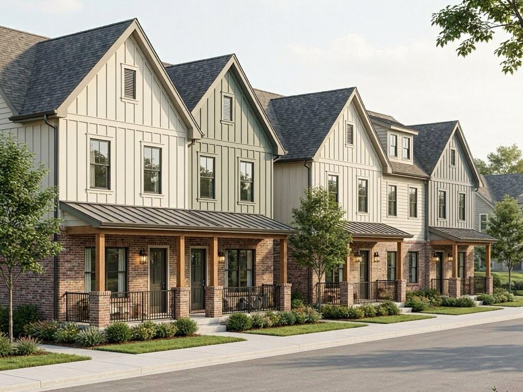A row of modern townhouses with brick and light-colored siding, porches, and small front yards.