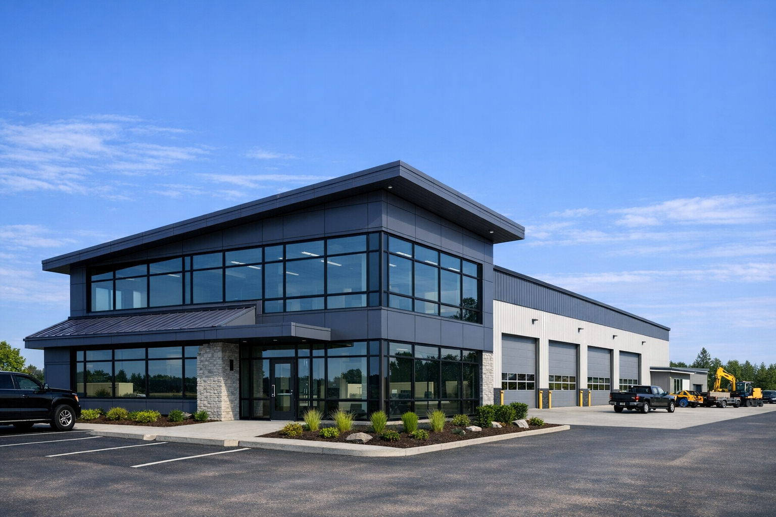 Construction firm office at the foreground with shop space for equipment and materials in the rear.