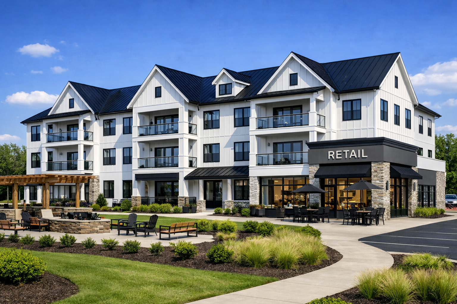Modern multi-story residential building with retail space on the ground floor, outdoor seating, landscaped yard, and parking lot.