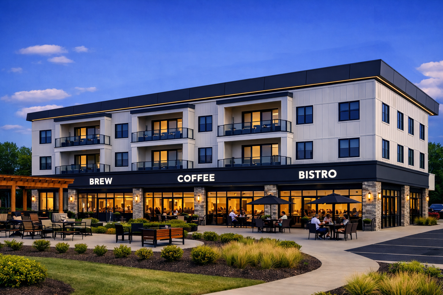 Podium style multi-family building with a cafe named 'Brew Coffee Bistro' on the ground floor. Outdoor seating and green space.