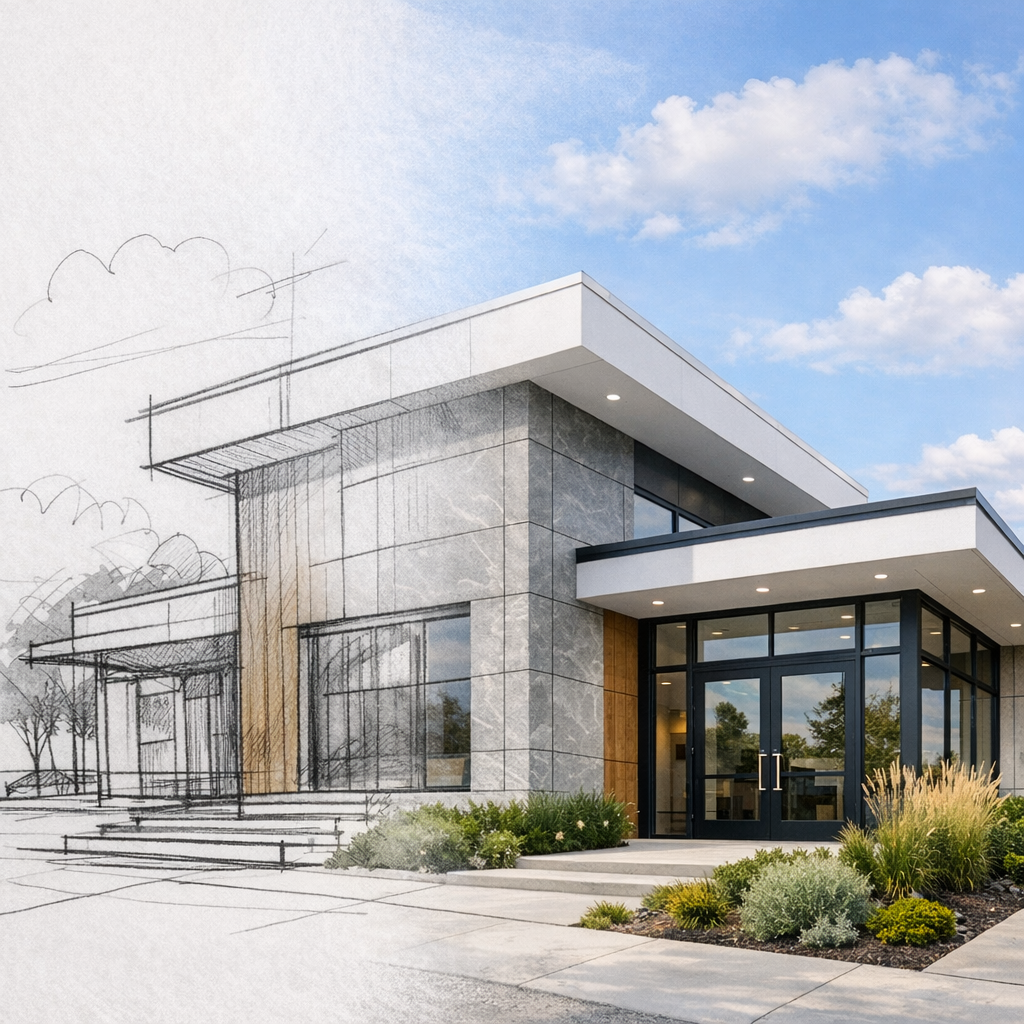 The image shows a modern building design, with part of it sketched in pencil and part rendered in color, depicting the architectural process.