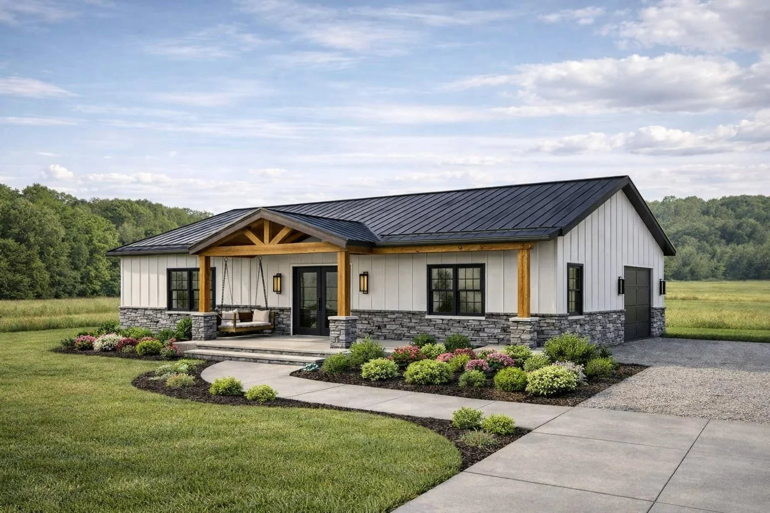 Simple farmhouse with stone base