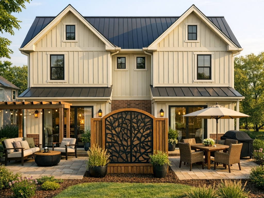 Inviting back yard with outdoor living and shared green space.