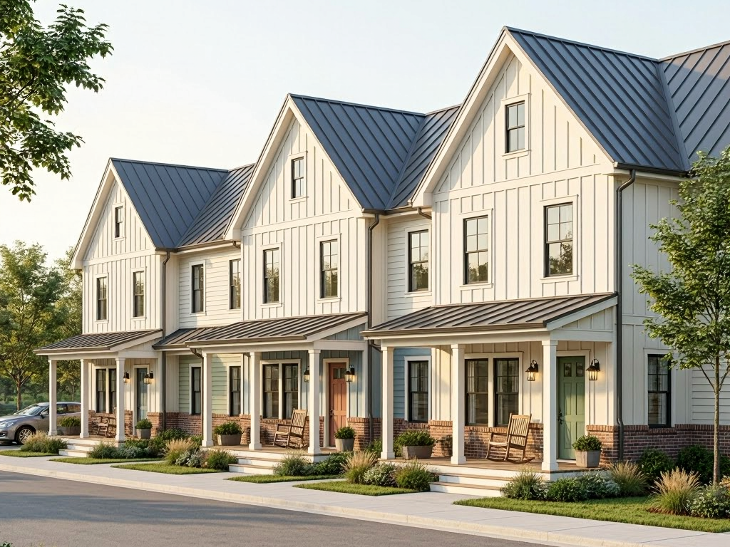 Modern townhouses with white siding, black windows, and metal roofs, featuring front porches with benches and potted plants, in a neighborhood with trees and parked cars.
