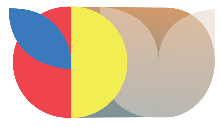 An abstract geometric artwork featuring overlapping circles and shapes in primary colors red, blue, yellow, along with shades of beige and gray.