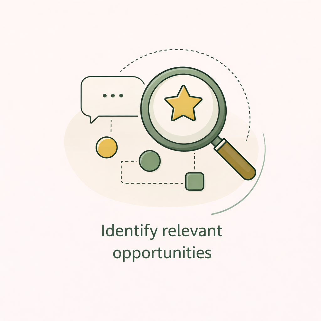 A magnifying glass with a star inside, speech bubble, and three connected nodes, illustrating the concept of identifying relevant opportunities.