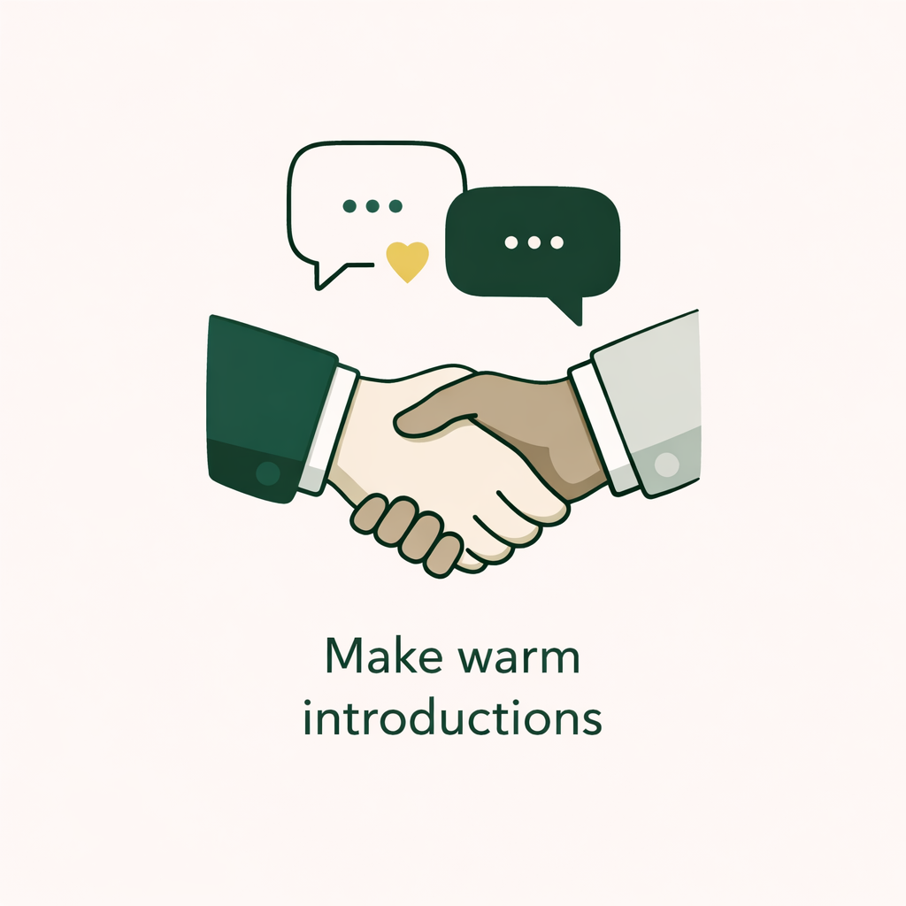 An illustration of two hands shaking with speech bubbles above them, one with a heart. The text below reads 'Make warm introductions'.