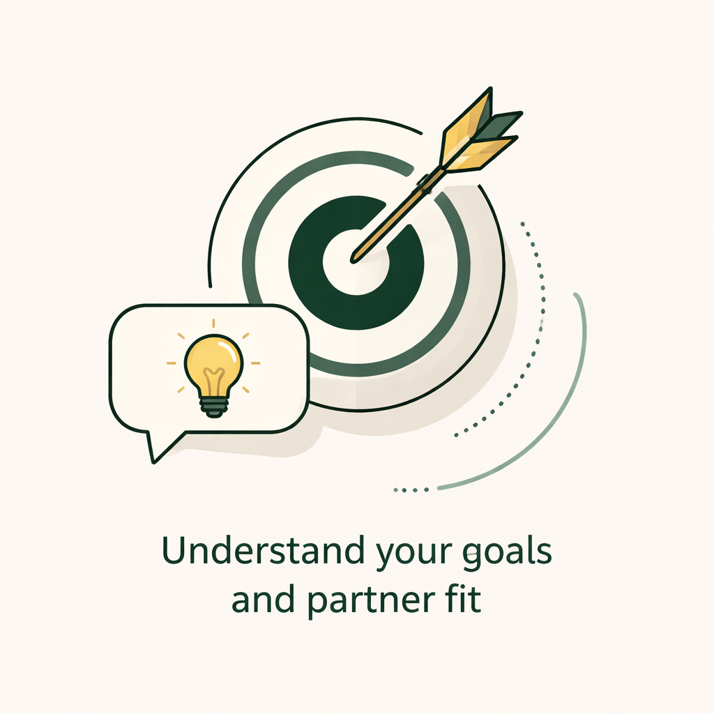 A target with an arrow hitting the center and a speech bubble with a light bulb. Text reads 'Understand your goals and partner fit.'