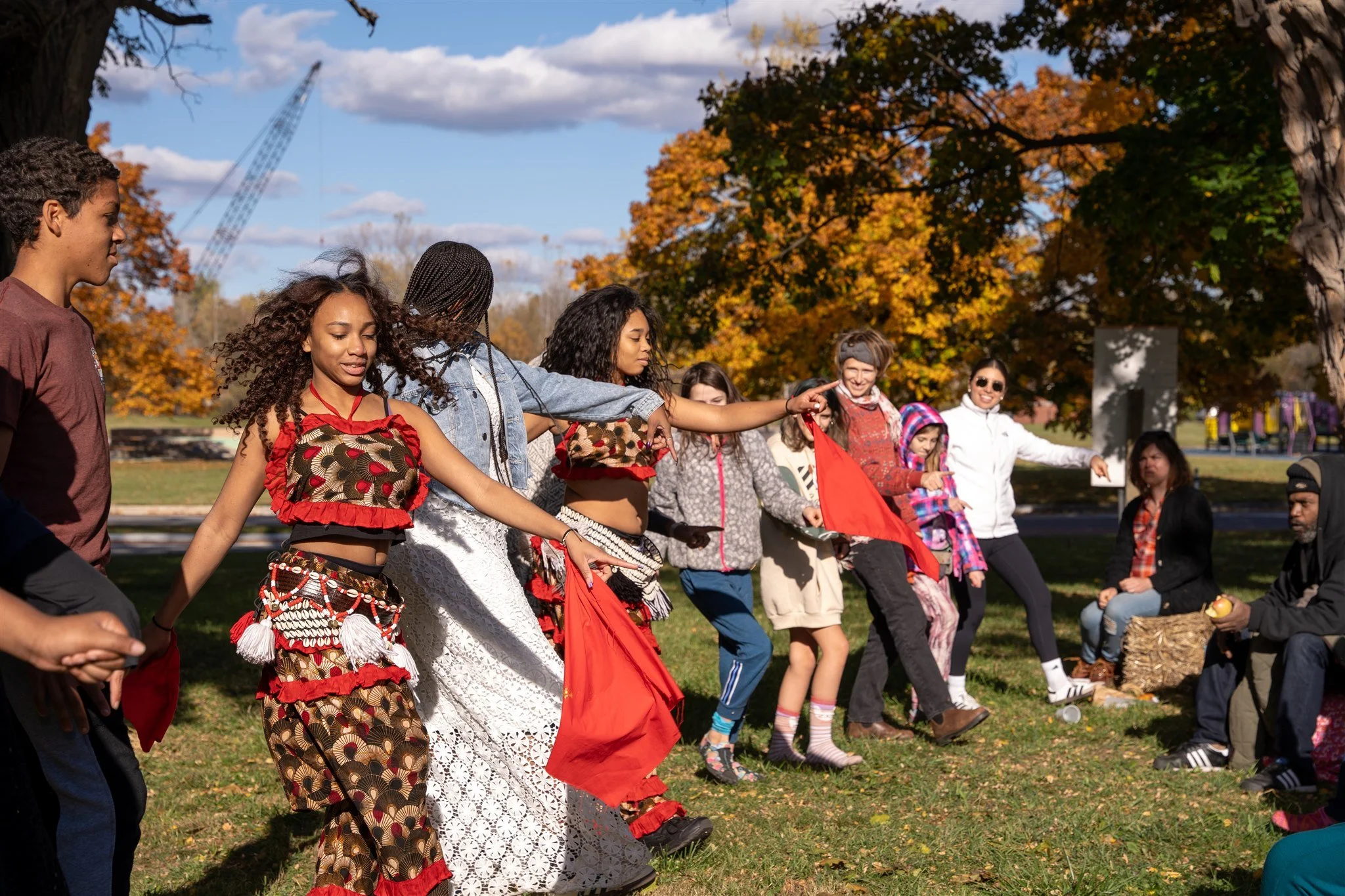 People dancing in a line outdoors