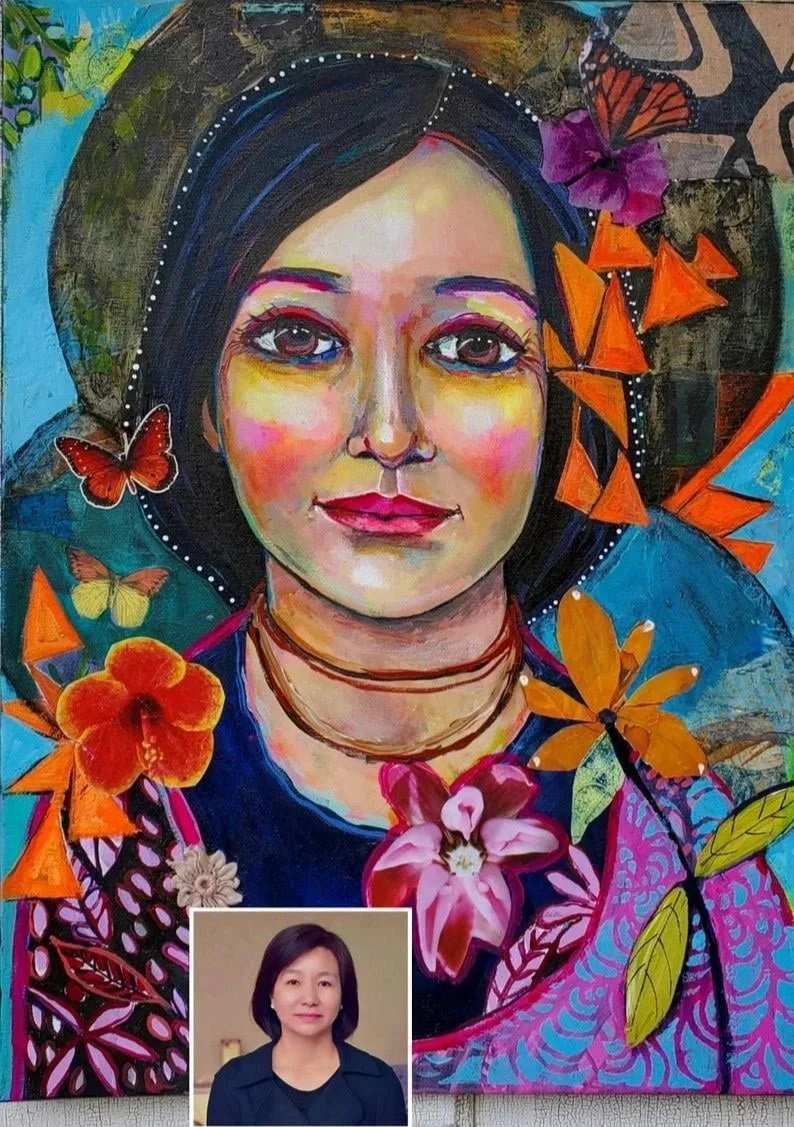 Colorful portrait of a woman with dark hair, surrounded by vibrant flowers and butterflies, with a small inset photograph of the artist in the bottom left corner.