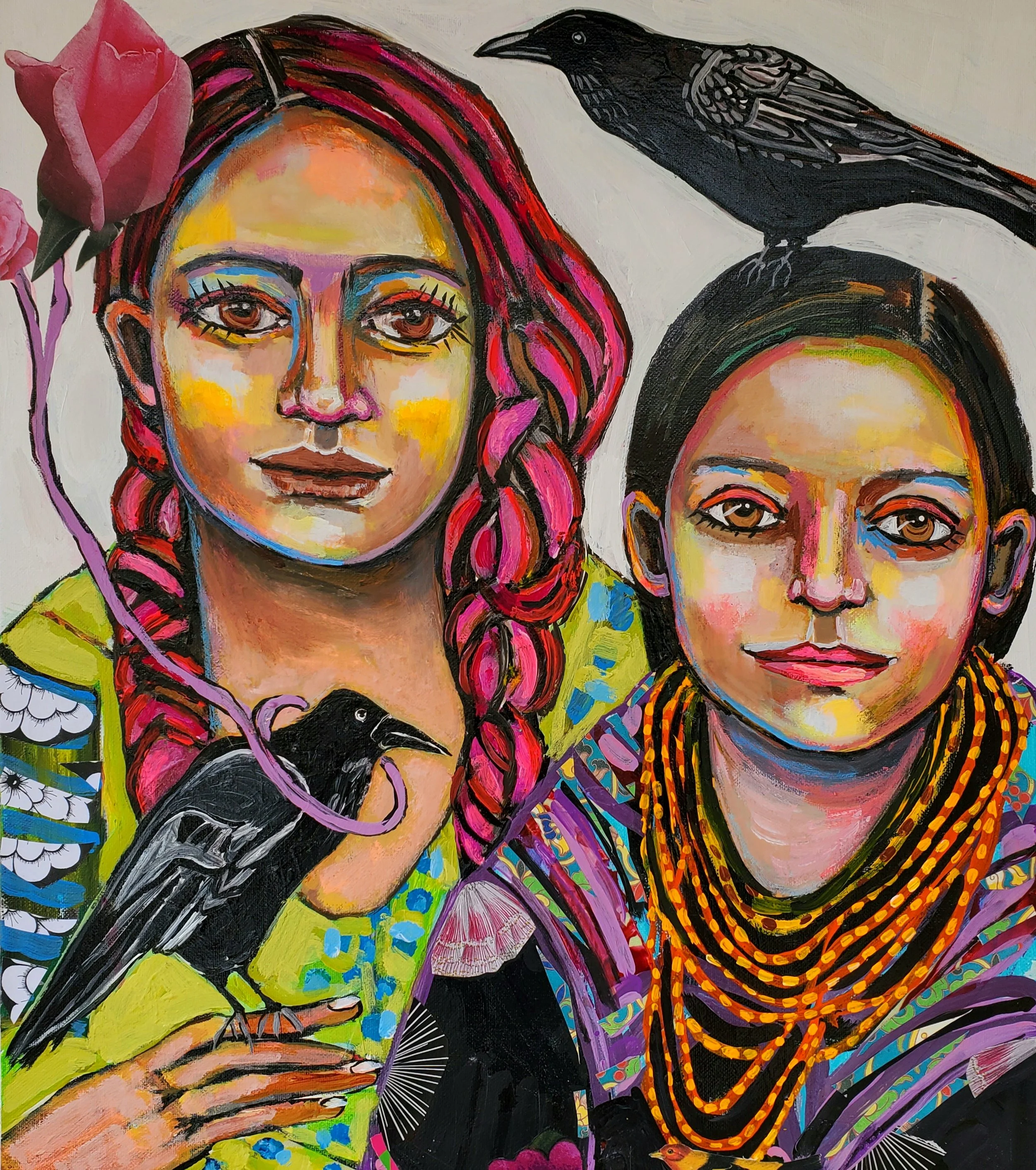 Colorful painting of two women with dark hair, surrounded by black ravens and a pink flower, wearing vibrant clothing and accessories.