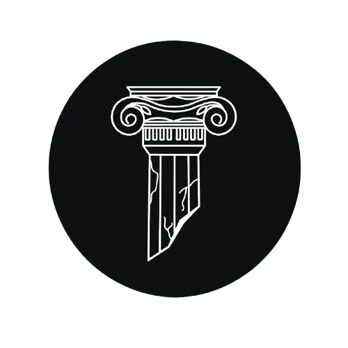 A minimalist line drawing of an ancient Greek or Roman ionic column capital with a fluted column shaft, set against a black background.