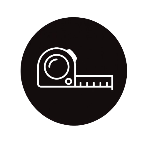 Icon of a tape measure on a black circular background.