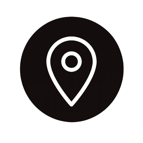 Black map pin icon inside a black circle.