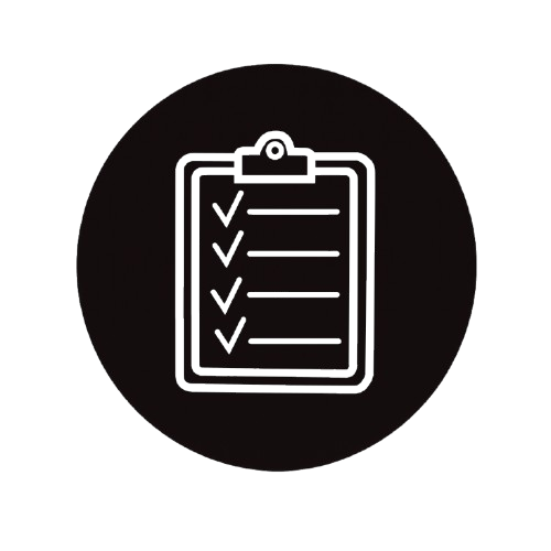 Outline of a clipboard with checkmarks on a black circular background.