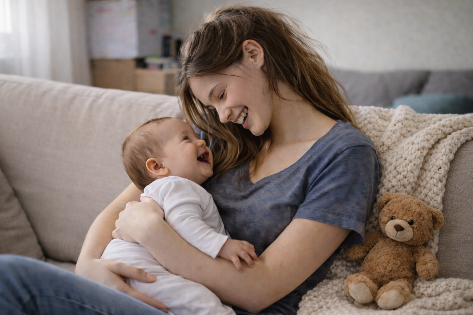 Stock image of young mother and infant both smiling while sitting on a couch.