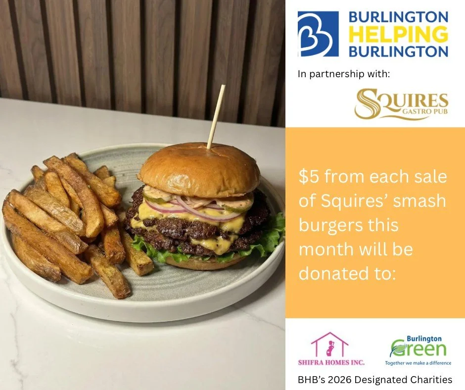 Who doesn't love a delicious smash burger?

The always fabulous @squirespub is now serving up these mouth-watering burgers and all through April, they will be donating $5 from each burger sold to Burlington Helping Burlington to support our 2026 bene