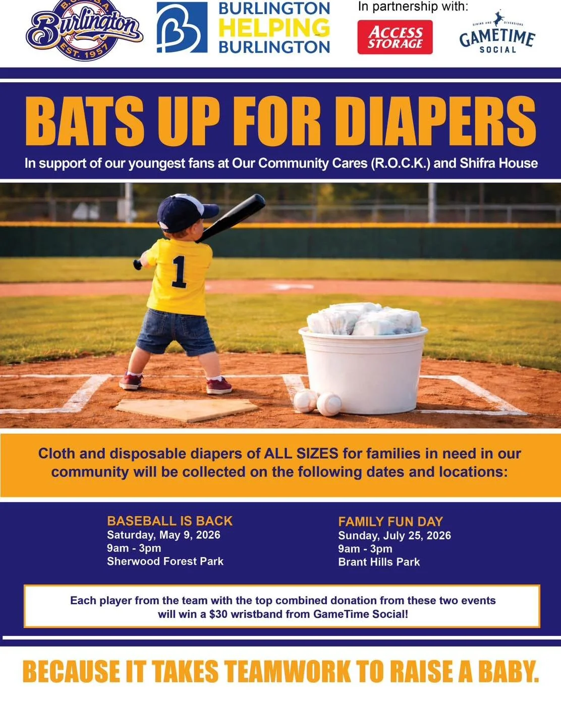 Burlington Helping Burlington is thrilled to announce &ldquo;Bats Up For Diapers&rdquo; in partnership with Burlington Organized Minor Baseball Association (BOMBA), @accessstorageca , and @gametimesocial in support of @occhalton (a division of @rockr