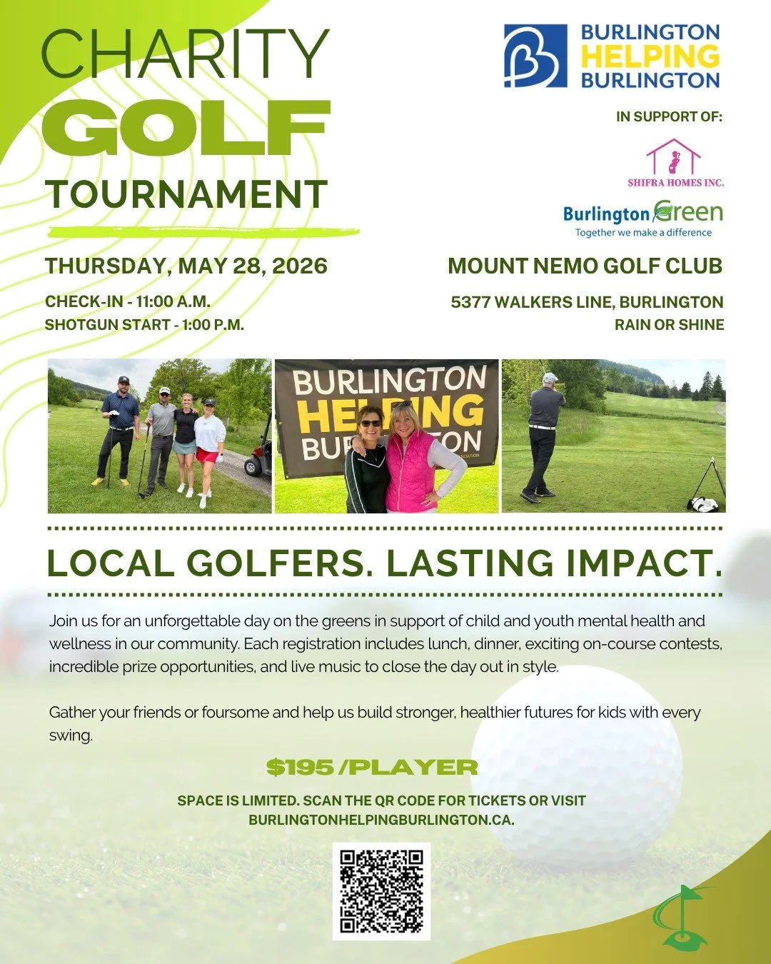 Golfers, don't miss out on another fantastic Charity Golf Tournament brought to you by Burlington Helping Burlington! We had a great tournament last year, and this year is shaping up to be even better with some fabulous prizes including the chance to