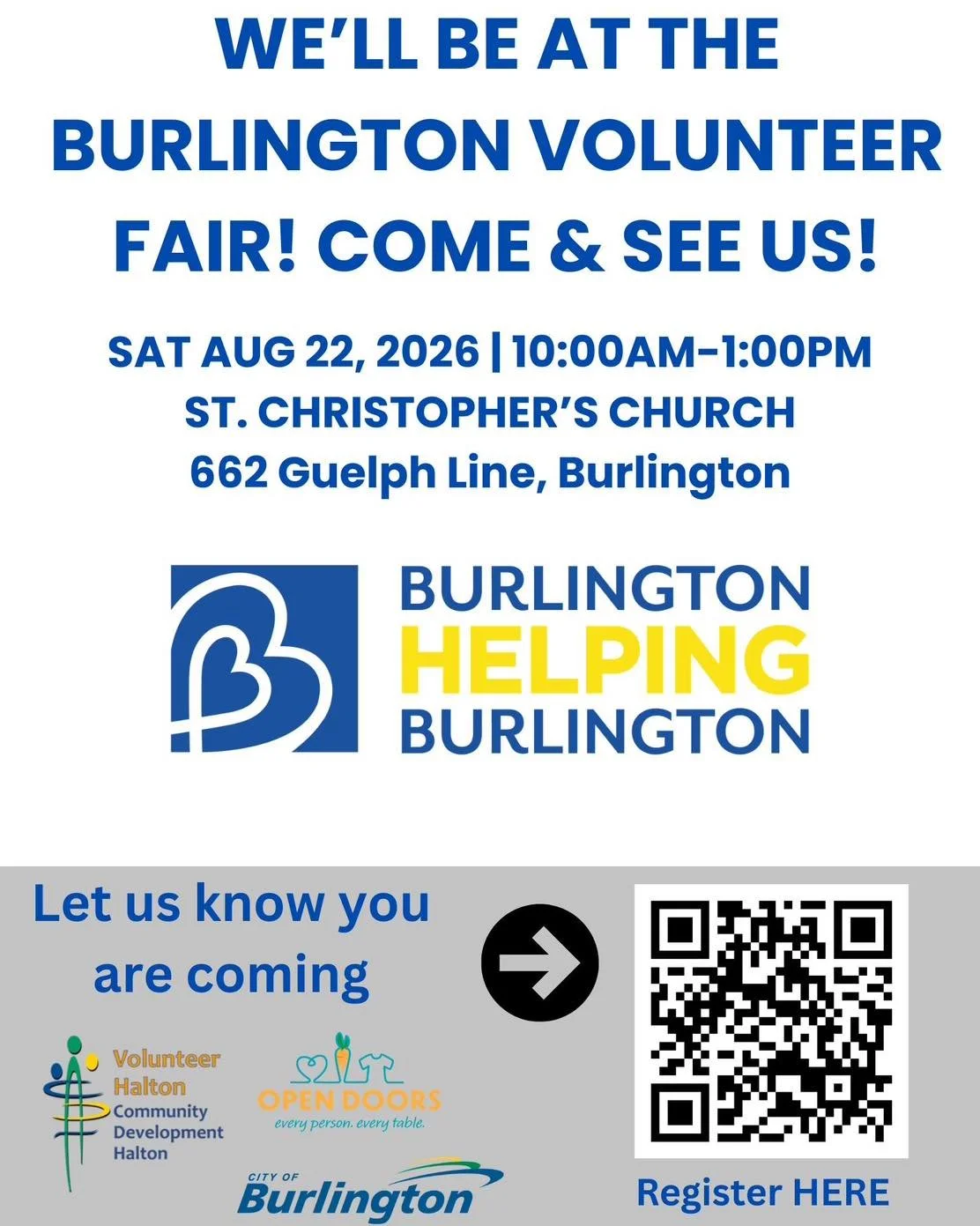 We&rsquo;ll be at the Volunteer Halton volunteer fair on Saturday. Come and say hello and check out the many volunteer opportunities available! 

#burlingtonhelpingburlington #volunteer #volunteering #volunteerfair #burlingtonbuilttogether