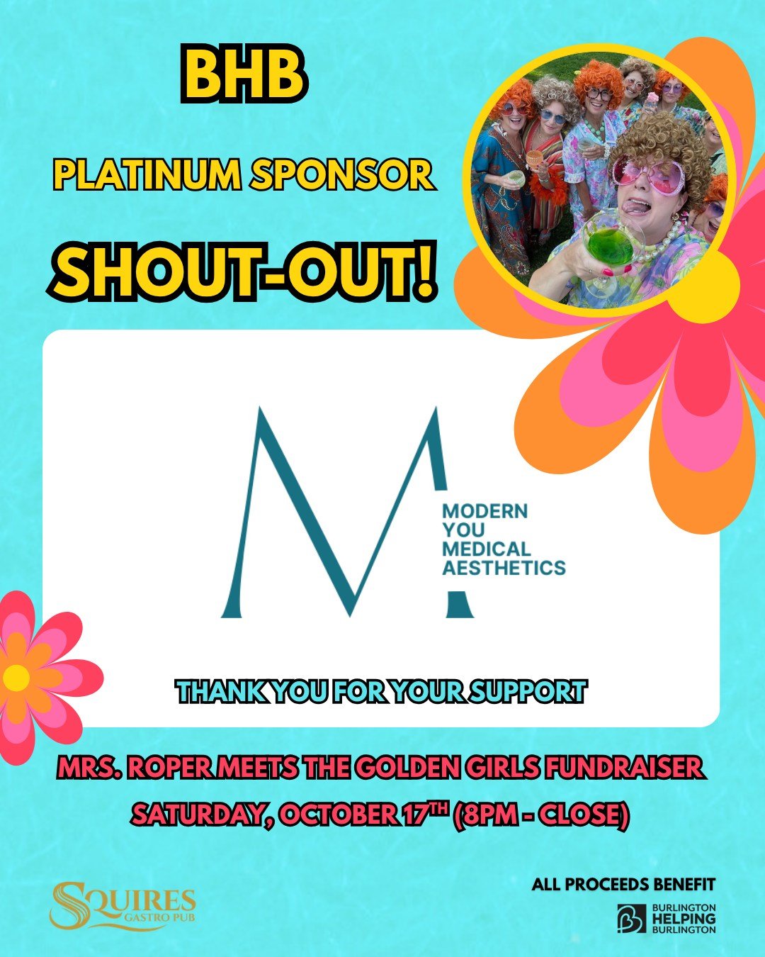 We are so excited to welcome @modernyoumedicalaesthetics as a Platinum Sponsor for our "Mrs. Roper Meets the Golden Girls" Fundraiser, happening October 17 at 8 pm at @squirespub. 

Modern You has generously donated a gift basket jam packed