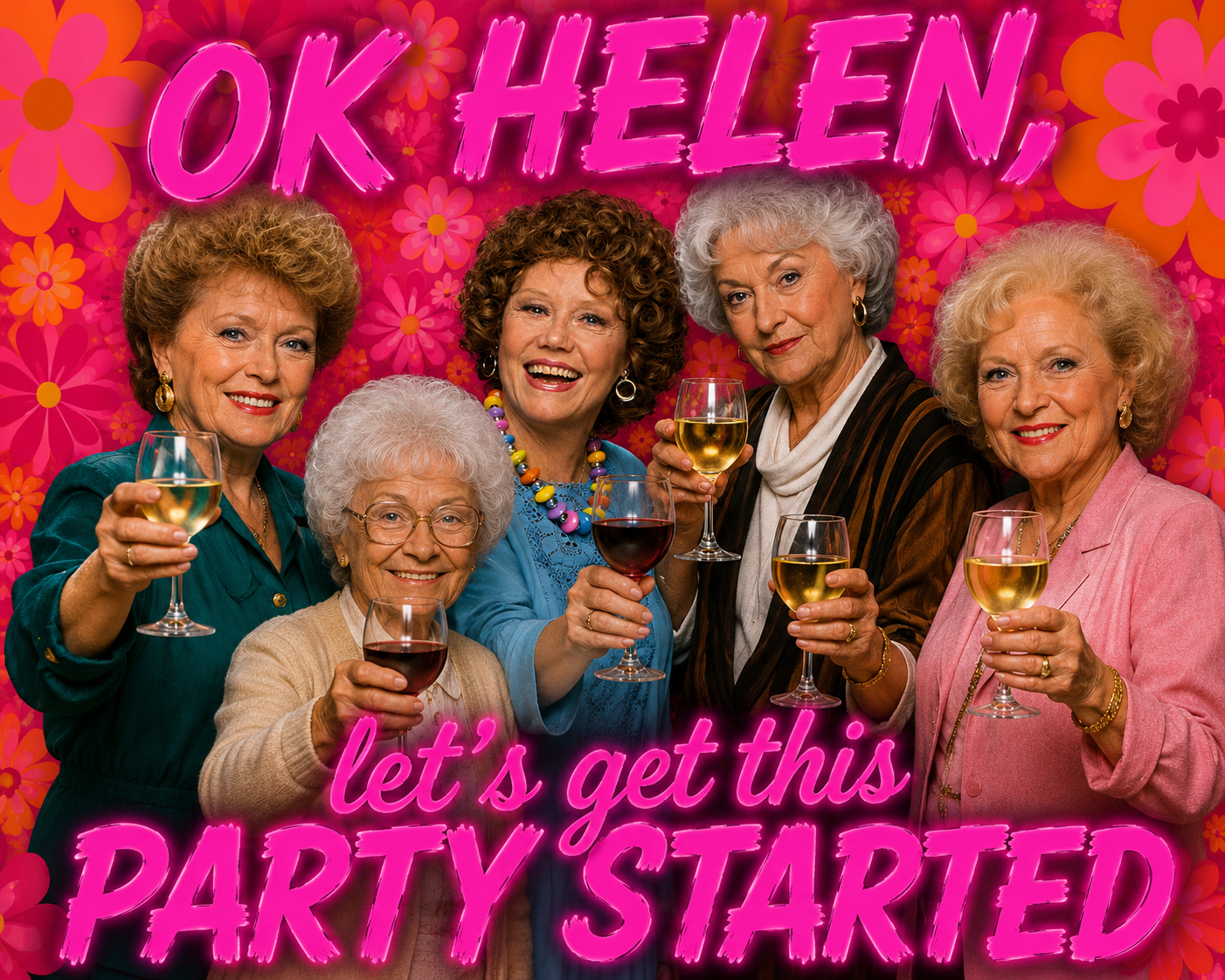 Image of Mrs. Roper and Golden Girls toasting glasses of wine.