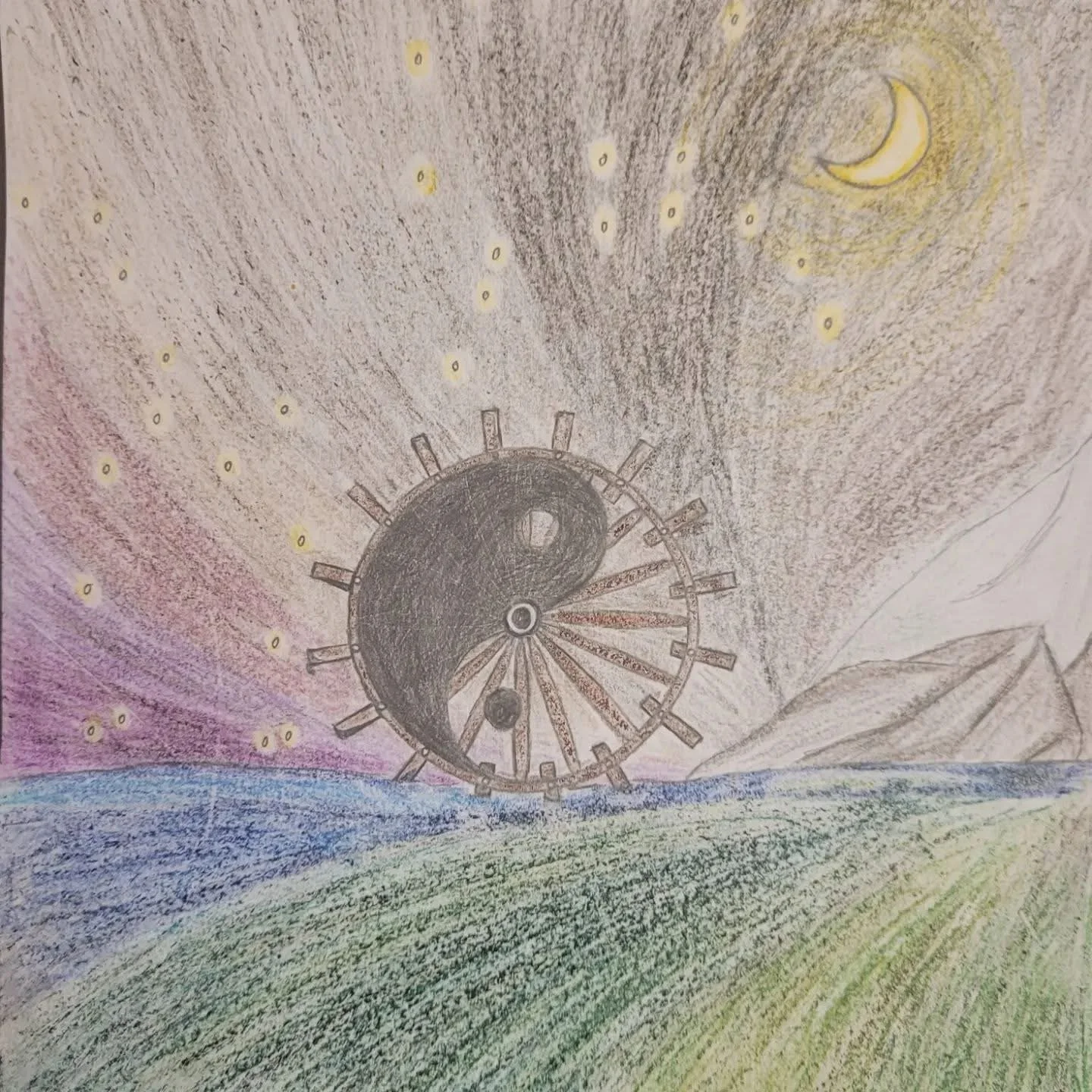A hand-drawn picture with a clock showing 4:45, a yin-yang symbol, a crescent moon, stars, mountains, and a rainbow-colored landscape.