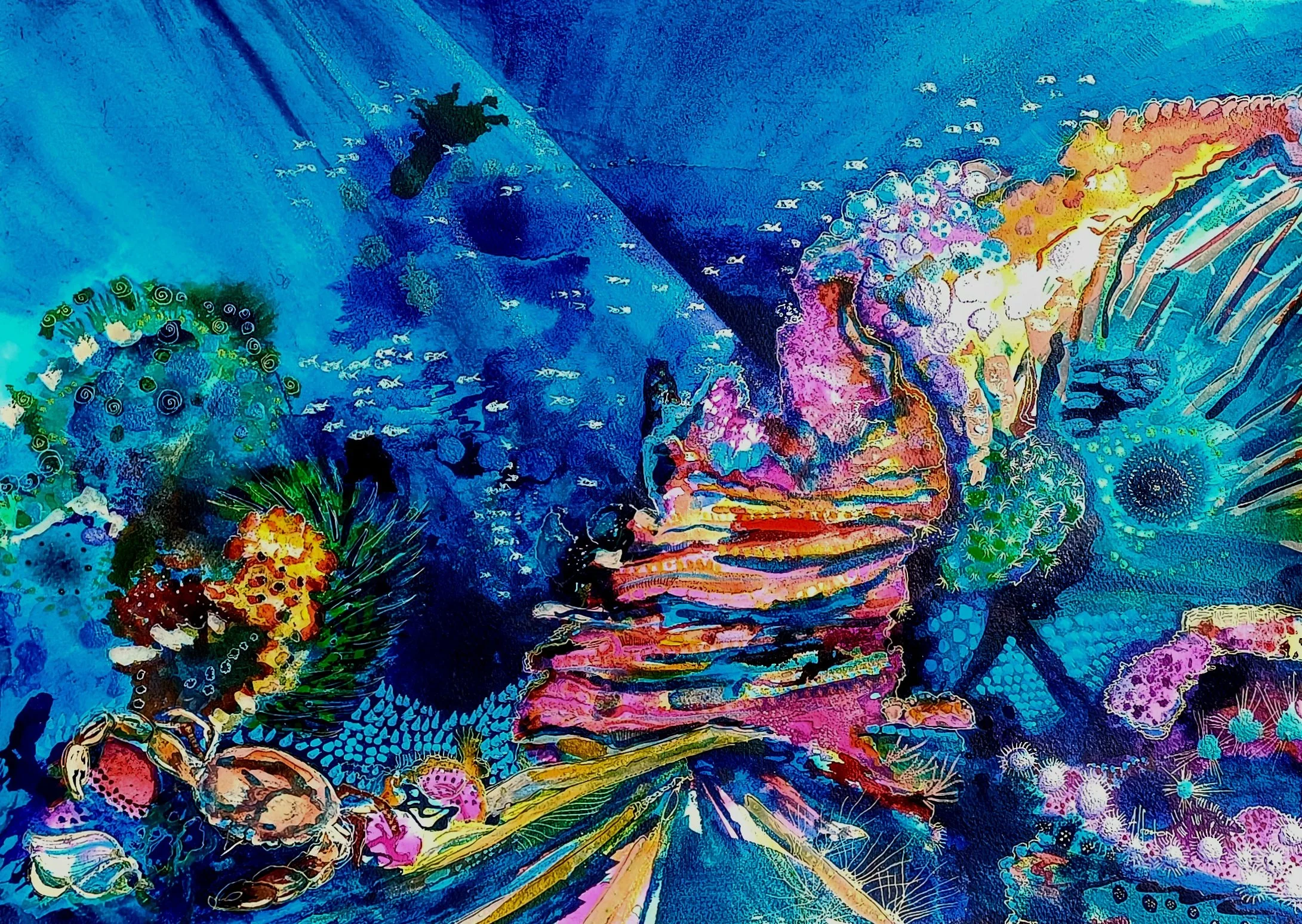 Colorful underwater scene with various coral reefs, fish, and marine life in shades of blue, pink, orange, and green.