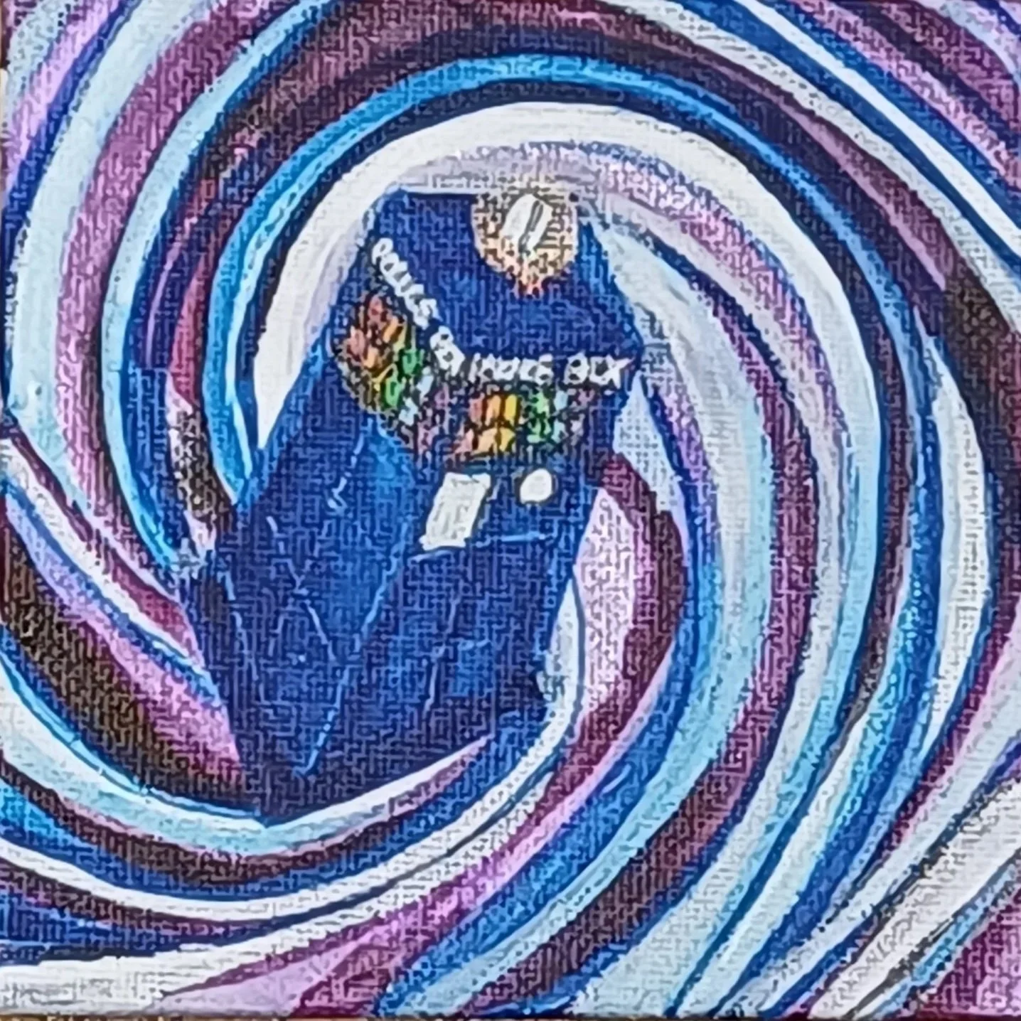 Artwork depicting a person in a police uniform wearing a hat, surrounded by colorful swirling lines.